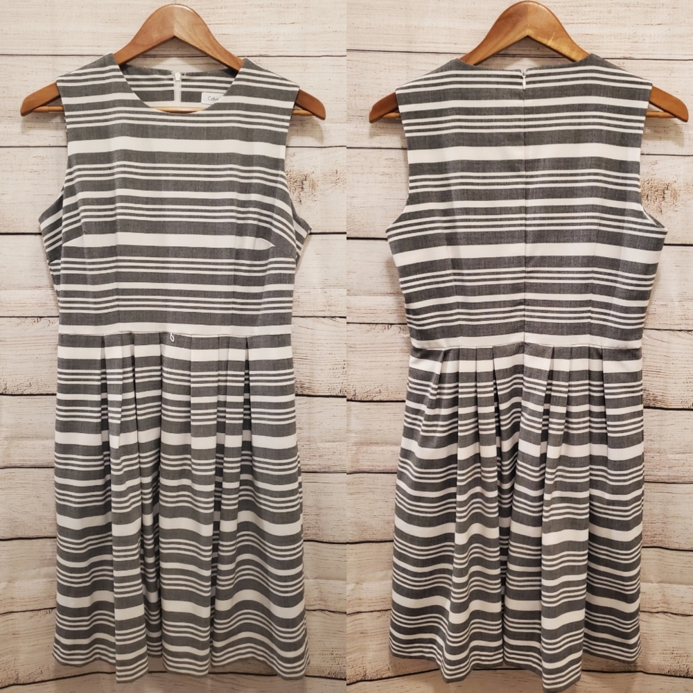 Calvin Klein White and Gray Striped Fit and Flare Dress, Size 10